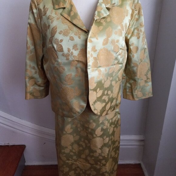 VINTAGE 1960'S GREEN GOLD BROCADE DRESS JACKET SET - Picture 8 of 15